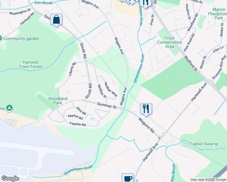 map of restaurants, bars, coffee shops, grocery stores, and more near 42 Neillian Way in Bedford