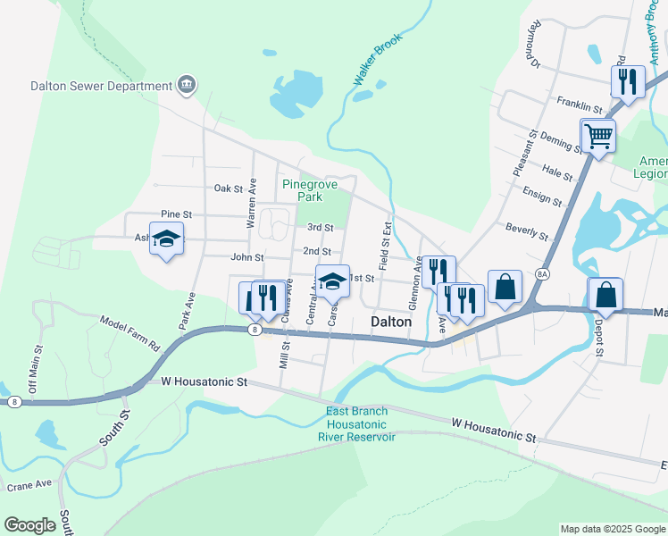 map of restaurants, bars, coffee shops, grocery stores, and more near 80 1st Street in Dalton