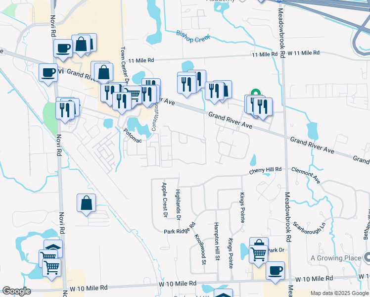 map of restaurants, bars, coffee shops, grocery stores, and more near 42344 Fountain Park Drive North in Novi