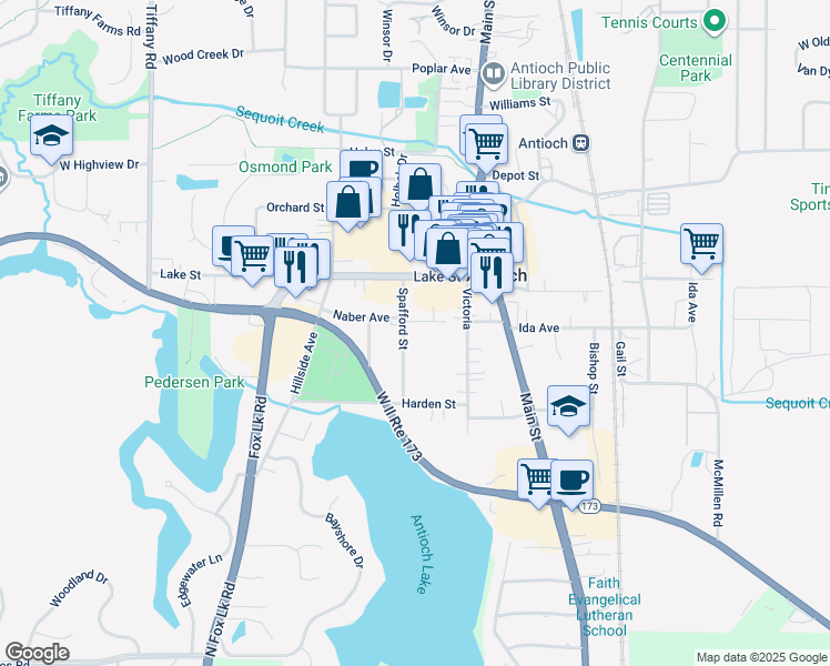 map of restaurants, bars, coffee shops, grocery stores, and more near 1010 Spafford Street in Antioch