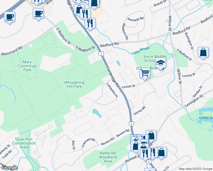 map of restaurants, bars, coffee shops, grocery stores, and more near 12 Sylvanus Wood Lane in Woburn