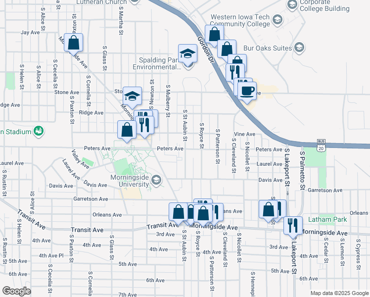 map of restaurants, bars, coffee shops, grocery stores, and more near 3998 Peters Avenue in Sioux City