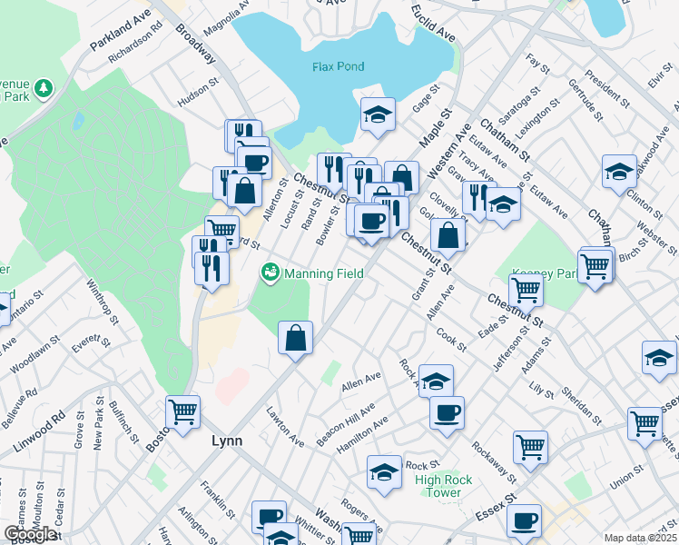map of restaurants, bars, coffee shops, grocery stores, and more near 320 Maple Street in Lynn
