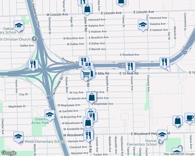 map of restaurants, bars, coffee shops, grocery stores, and more near 79 East Mahan Avenue in Hazel Park