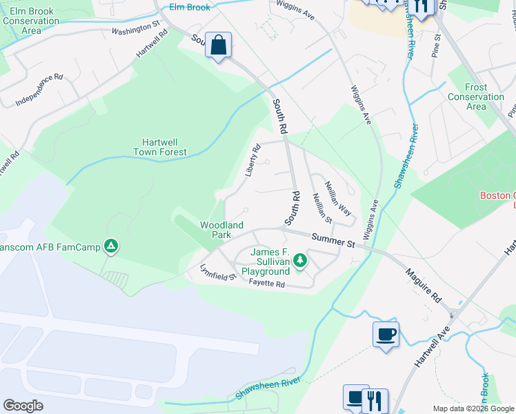 map of restaurants, bars, coffee shops, grocery stores, and more near 9 Meeting House Circle in Bedford