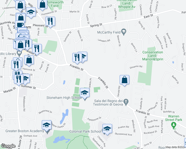 map of restaurants, bars, coffee shops, grocery stores, and more near 150 Franklin Street in Stoneham