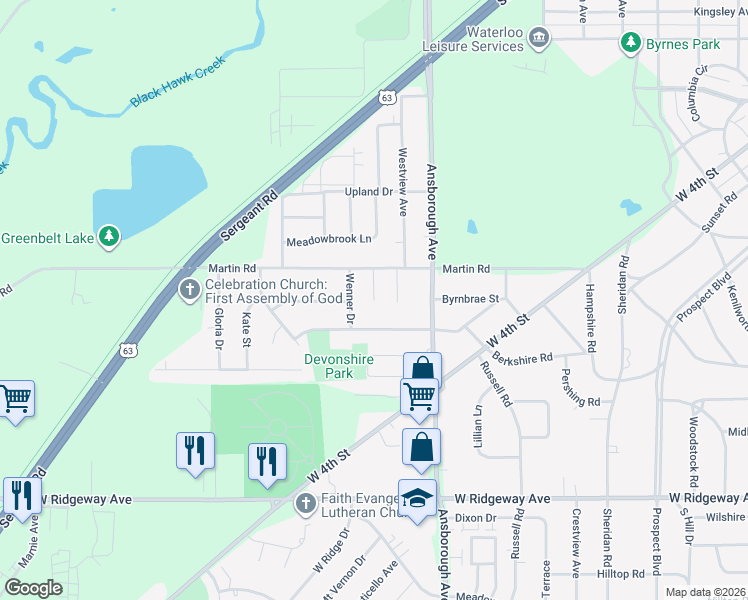 map of restaurants, bars, coffee shops, grocery stores, and more near 2499 Michelle Drive in Waterloo