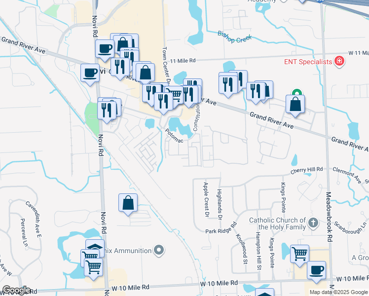 map of restaurants, bars, coffee shops, grocery stores, and more near 25300 Constitution in Novi