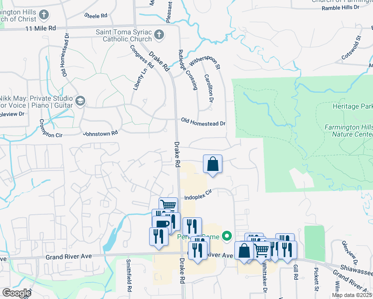 map of restaurants, bars, coffee shops, grocery stores, and more near 35155 Hillside Drive in Farmington Hills