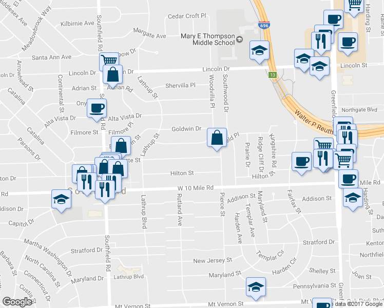 map of restaurants, bars, coffee shops, grocery stores, and more near 17090 Jeanette Street in Southfield