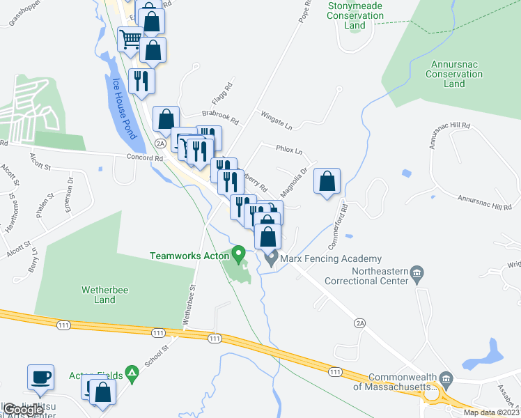 map of restaurants, bars, coffee shops, grocery stores, and more near 3 Iris Court in Acton