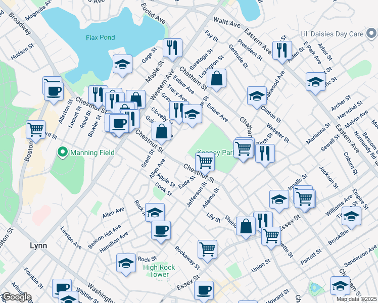 map of restaurants, bars, coffee shops, grocery stores, and more near 80 Memorial Park Avenue in Lynn