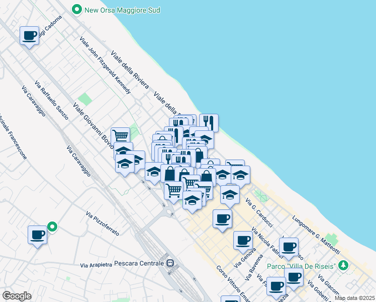 map of restaurants, bars, coffee shops, grocery stores, and more near 102 Viale Leopoldo Muzii in Pescara