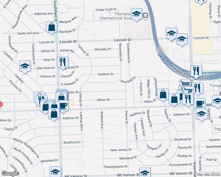 map of restaurants, bars, coffee shops, grocery stores, and more near 17090 Jeanette Street in Southfield