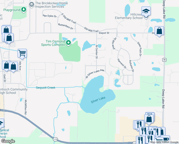 map of restaurants, bars, coffee shops, grocery stores, and more near 22678 West Silver Lake Avenue in Antioch