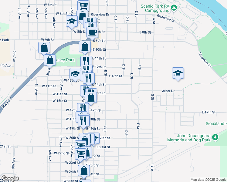 map of restaurants, bars, coffee shops, grocery stores, and more near 325 East 15th Street in South Sioux City