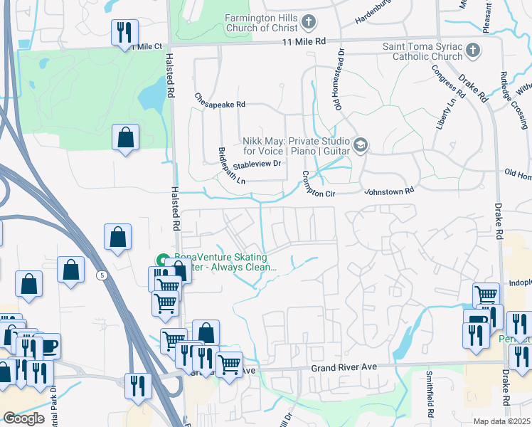 map of restaurants, bars, coffee shops, grocery stores, and more near 24890 Independence Drive in Farmington Hills