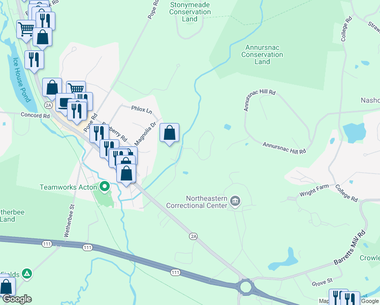 map of restaurants, bars, coffee shops, grocery stores, and more near 140 Commerford Road in Concord