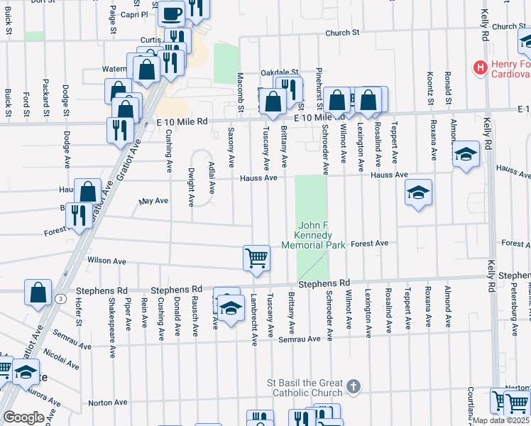map of restaurants, bars, coffee shops, grocery stores, and more near 24591 Tuscany Avenue in Eastpointe