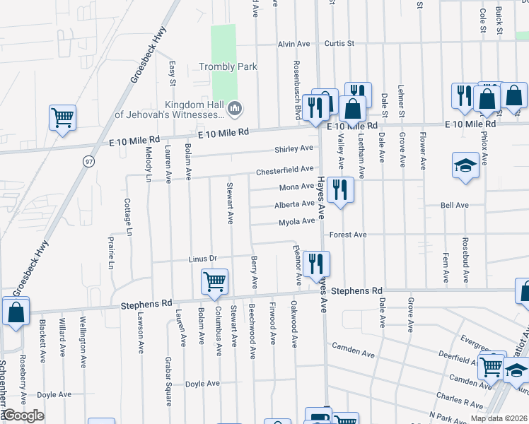 map of restaurants, bars, coffee shops, grocery stores, and more near 24546 Berry Avenue in Warren