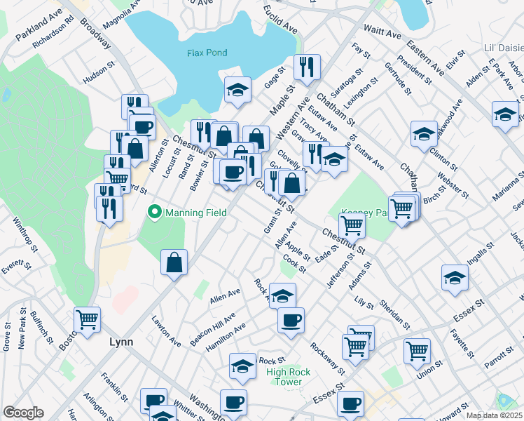 map of restaurants, bars, coffee shops, grocery stores, and more near 19 Rockingham Street in Lynn