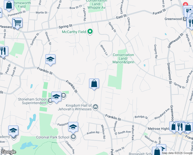 map of restaurants, bars, coffee shops, grocery stores, and more near 27 Ellen Road in Stoneham