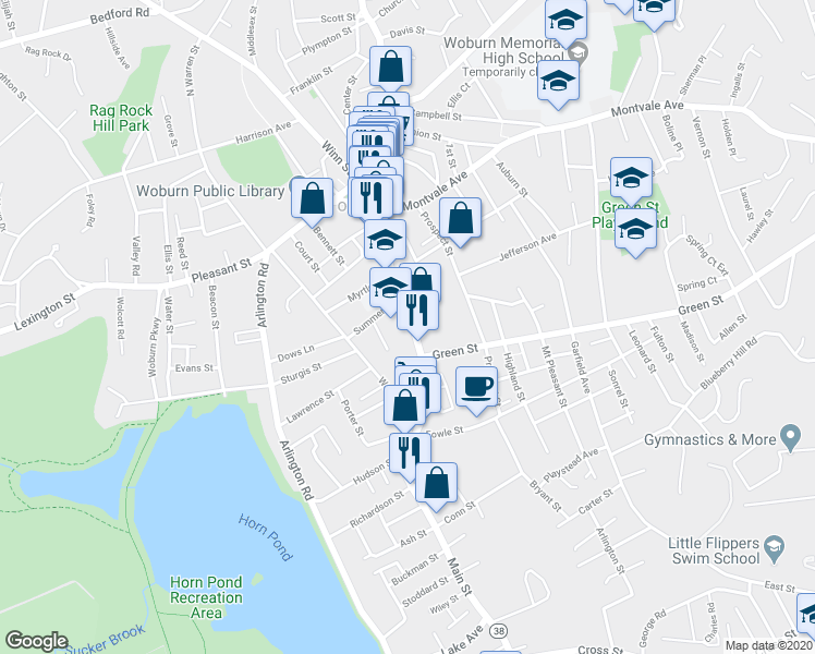 map of restaurants, bars, coffee shops, grocery stores, and more near 6 Edgehill Road in Woburn
