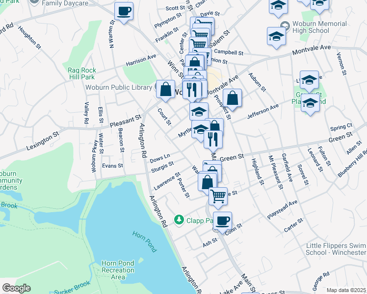 map of restaurants, bars, coffee shops, grocery stores, and more near 23 Summer Street in Woburn