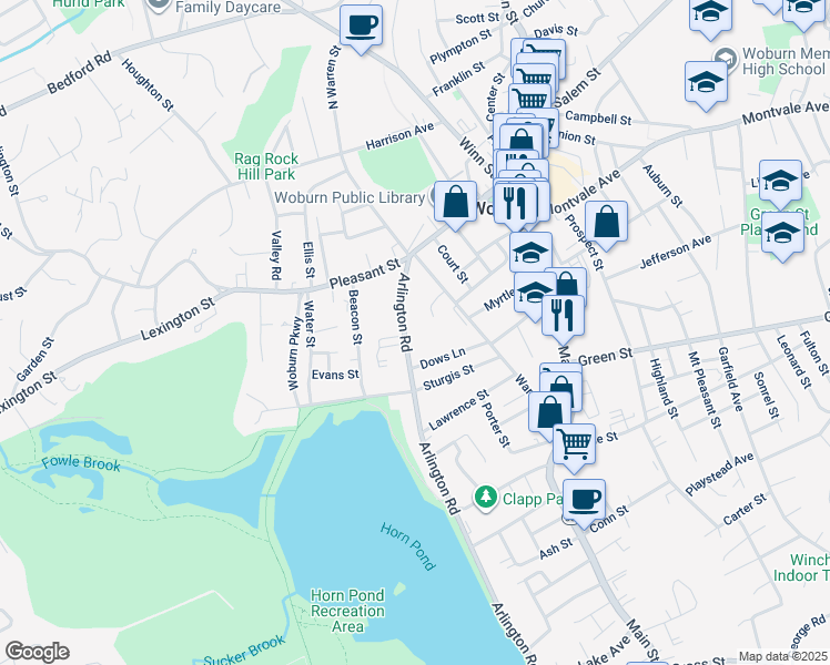 map of restaurants, bars, coffee shops, grocery stores, and more near 26 Arlington Road in Woburn