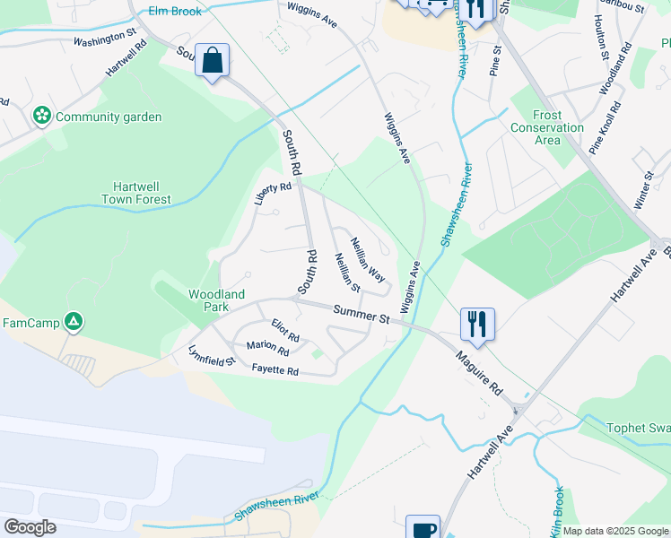 map of restaurants, bars, coffee shops, grocery stores, and more near 318 South Road in Bedford