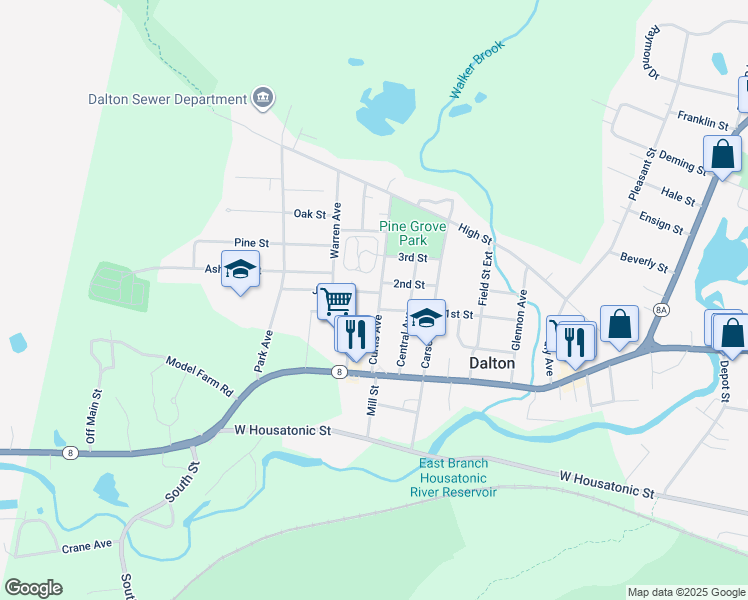 map of restaurants, bars, coffee shops, grocery stores, and more near 83 Curtis Avenue in Dalton