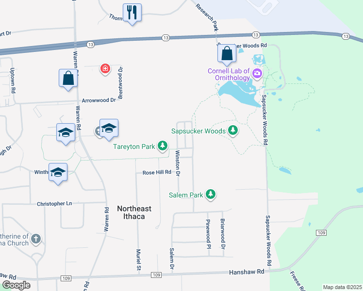 map of restaurants, bars, coffee shops, grocery stores, and more near 601 Winston Court in Ithaca