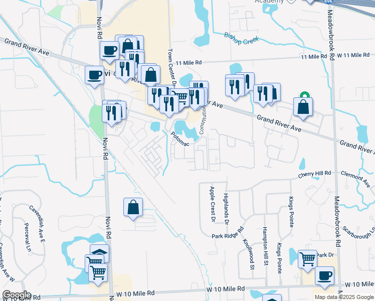map of restaurants, bars, coffee shops, grocery stores, and more near 22 Congress in Novi
