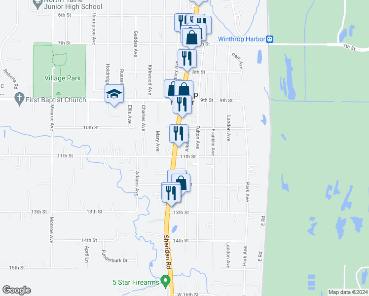 map of restaurants, bars, coffee shops, grocery stores, and more near 1800 11th Street in Winthrop Harbor