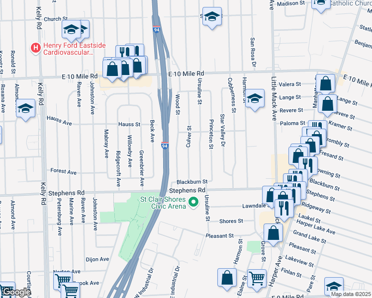 map of restaurants, bars, coffee shops, grocery stores, and more near 24509 Ursuline Street in St. Clair Shores