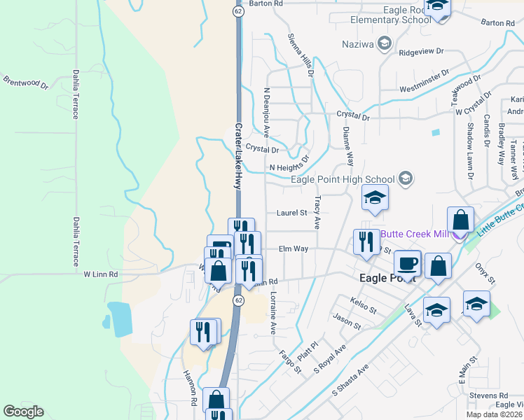 map of restaurants, bars, coffee shops, grocery stores, and more near 11436 Oregon 62 in Eagle Point