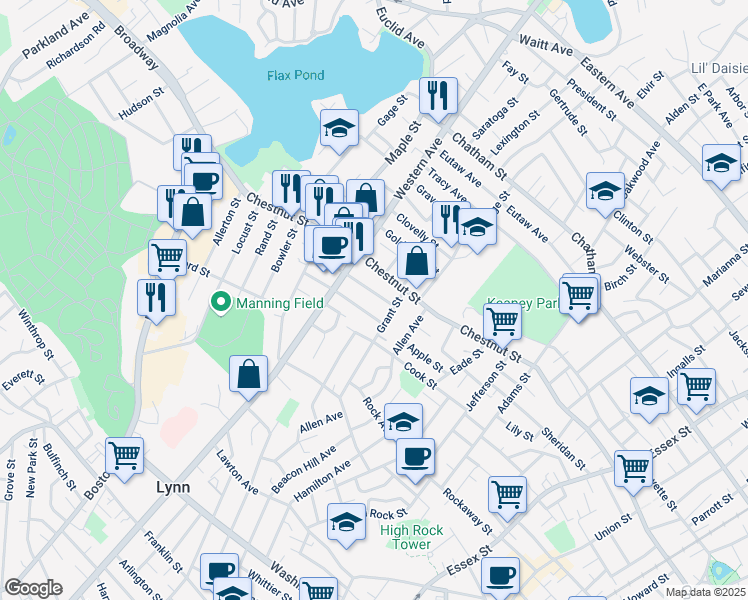 map of restaurants, bars, coffee shops, grocery stores, and more near 19 Rockingham Street in Lynn