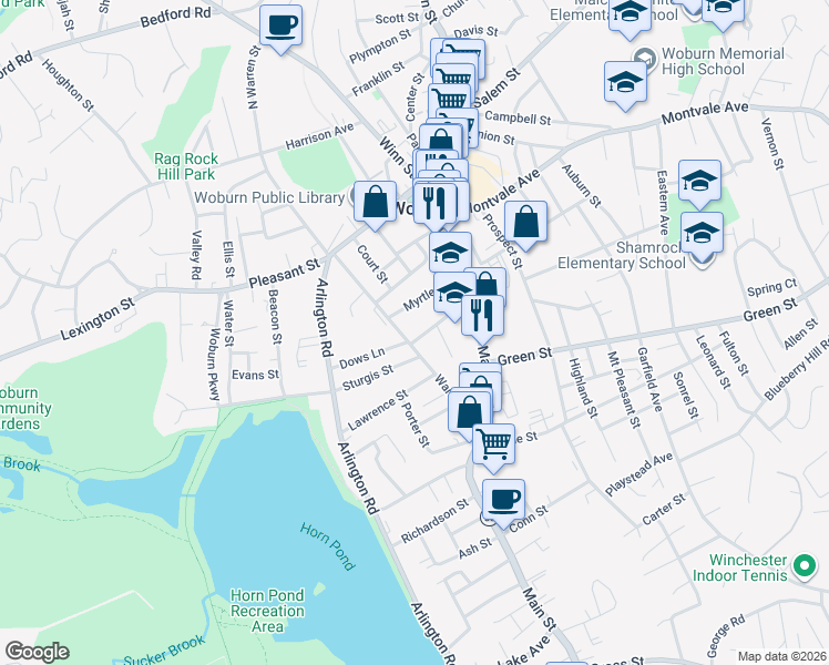 map of restaurants, bars, coffee shops, grocery stores, and more near 23 Summer Street in Woburn