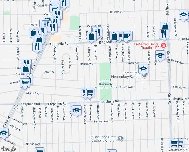 map of restaurants, bars, coffee shops, grocery stores, and more near 24600 Brittany Avenue in Eastpointe