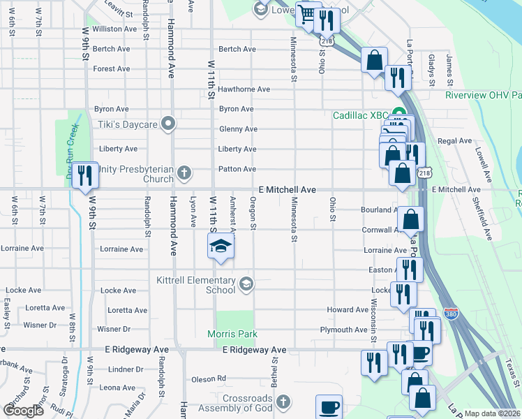 map of restaurants, bars, coffee shops, grocery stores, and more near 1039 Oregon Street in Waterloo