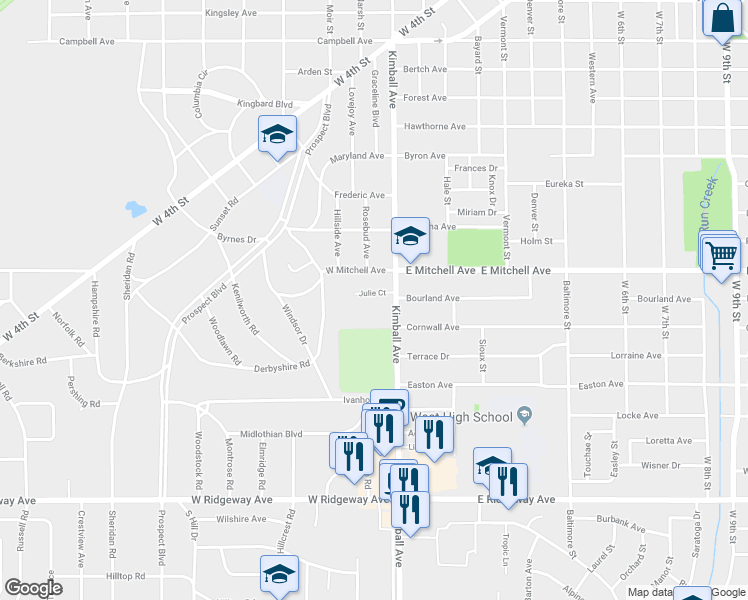 map of restaurants, bars, coffee shops, grocery stores, and more near 304-306 Julie Court in Waterloo