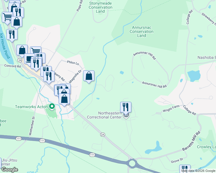 map of restaurants, bars, coffee shops, grocery stores, and more near 140 Commerford Road in Concord
