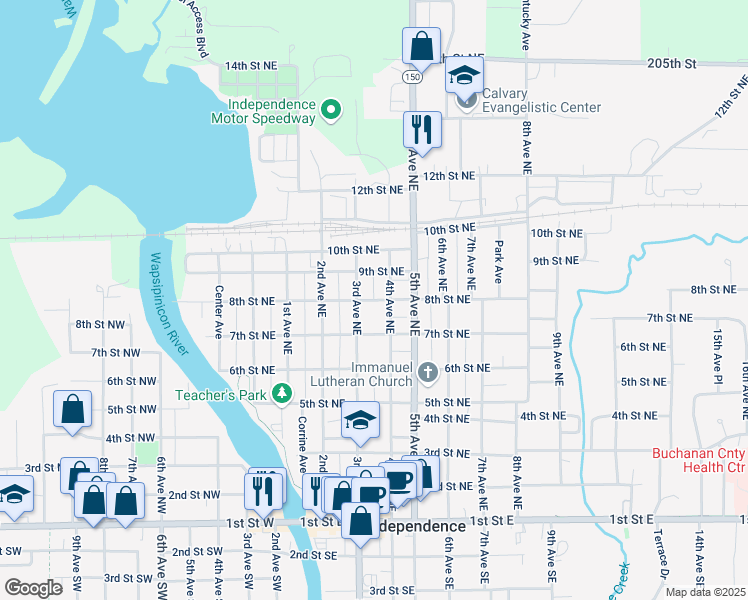 map of restaurants, bars, coffee shops, grocery stores, and more near 347 8th Street Northeast in Independence
