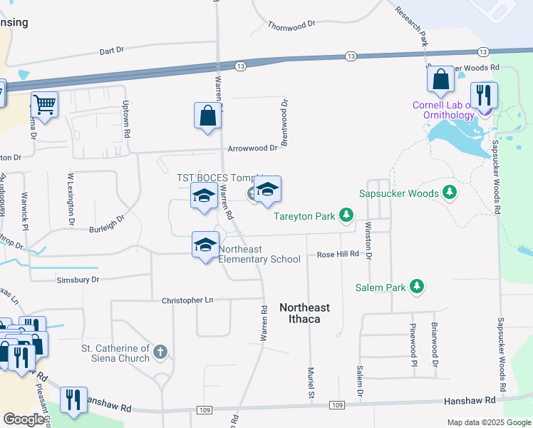 map of restaurants, bars, coffee shops, grocery stores, and more near 555 Warren Road in Ithaca