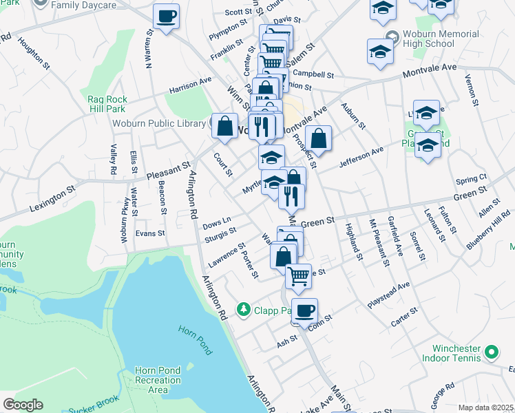 map of restaurants, bars, coffee shops, grocery stores, and more near 17 Summer Street in Woburn