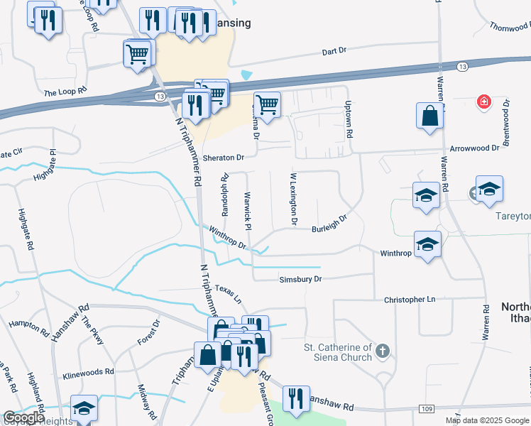 map of restaurants, bars, coffee shops, grocery stores, and more near 102 Cambridge Pl in Ithaca