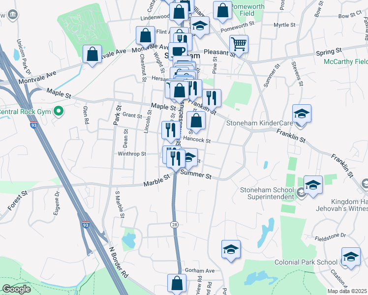 map of restaurants, bars, coffee shops, grocery stores, and more near 2 Middle Street in Stoneham