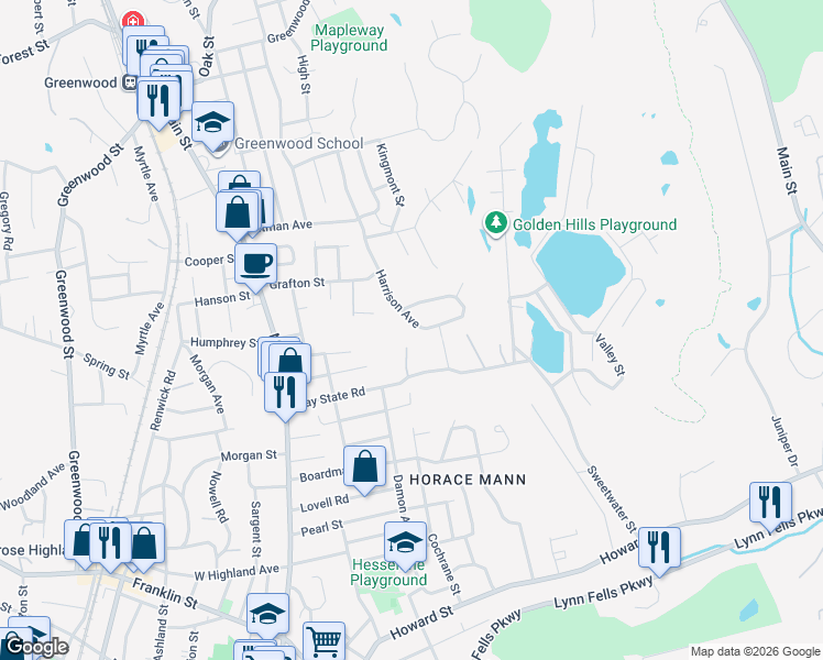 map of restaurants, bars, coffee shops, grocery stores, and more near 93 Harrison Avenue in Wakefield