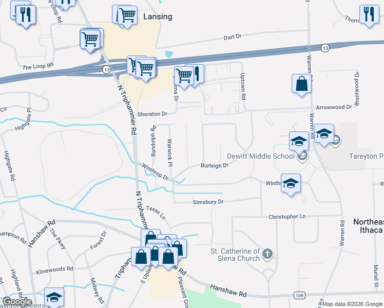 map of restaurants, bars, coffee shops, grocery stores, and more near 102 Cambridge Pl in Ithaca