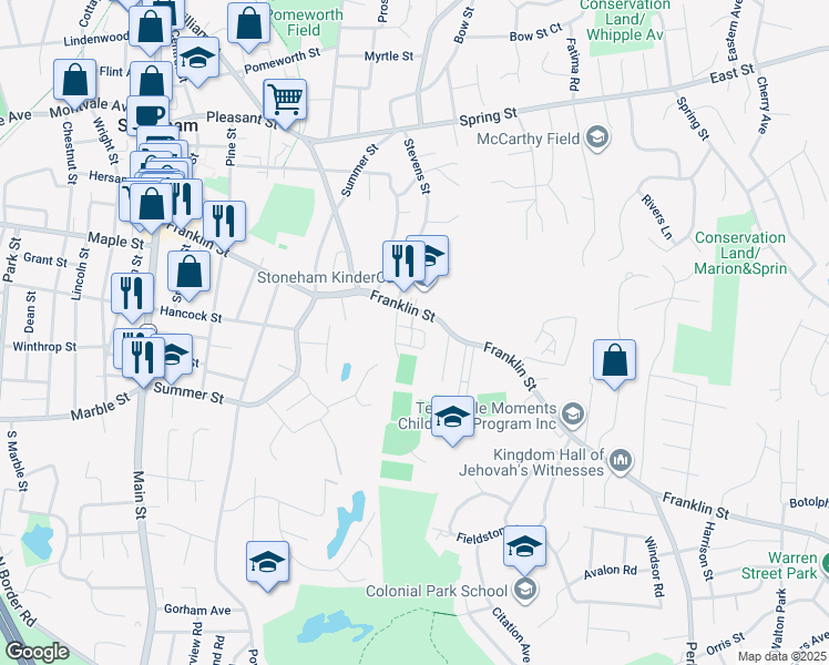 map of restaurants, bars, coffee shops, grocery stores, and more near 131 Franklin Street in Stoneham